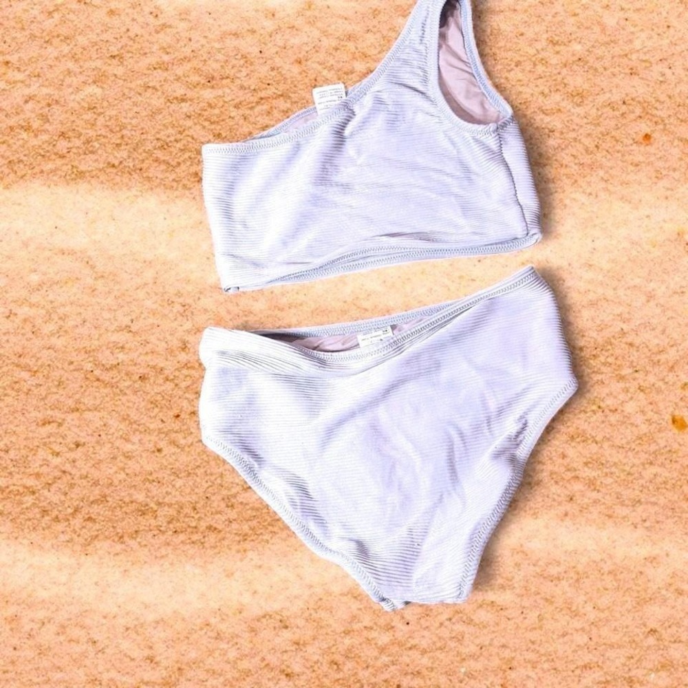 Crewcuts Girls Light Blue Ribbed One Shoulder High Waist Two Piece Swimsuit 12